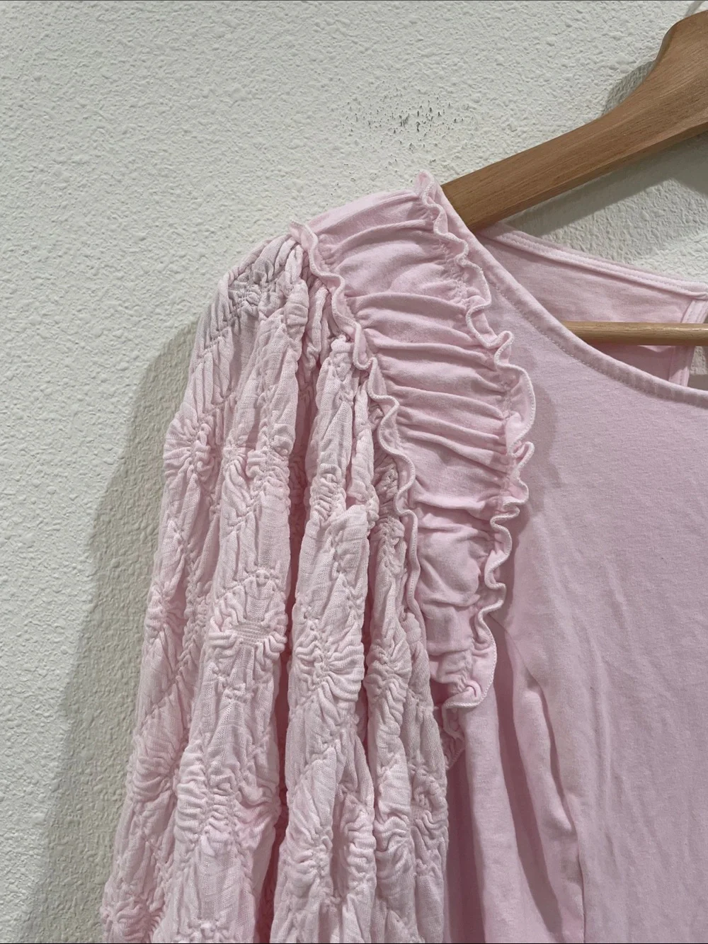 Free People Olivia Top Light Pink Ruffle Floral Long Sleeve Romantic Rare Y2K